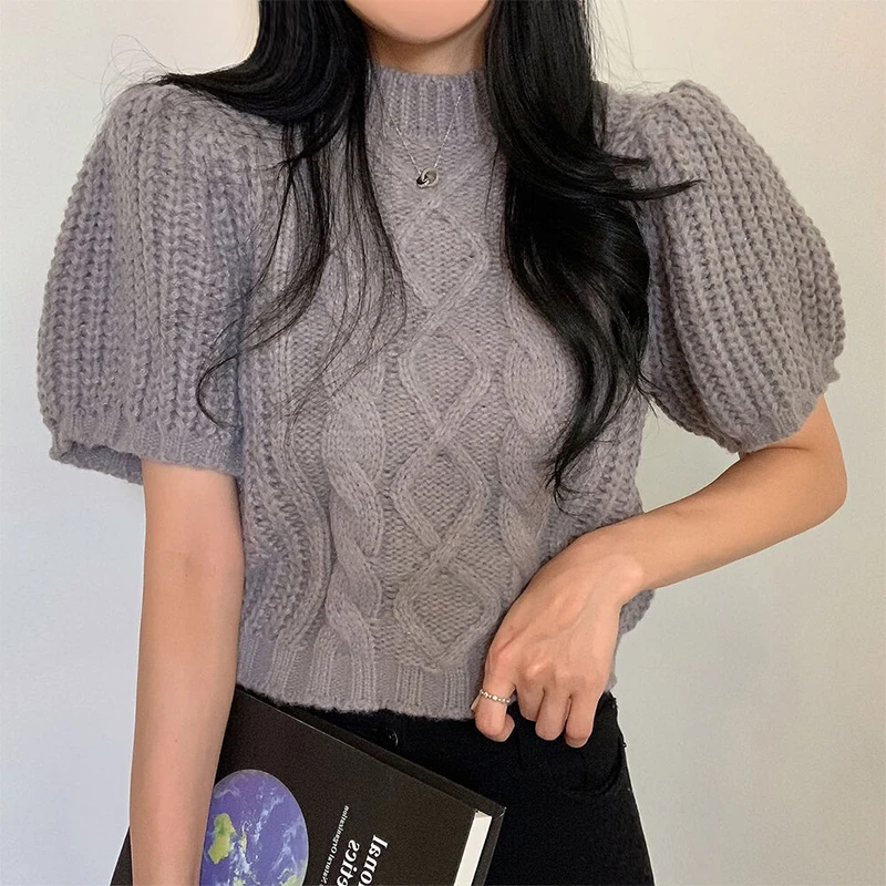 

Korea Fashion Loose Short Puff Sleeve Pullover Woman O Neck High Waist Sweater Women Solid Color Knitting Crop Top Dropshipping
