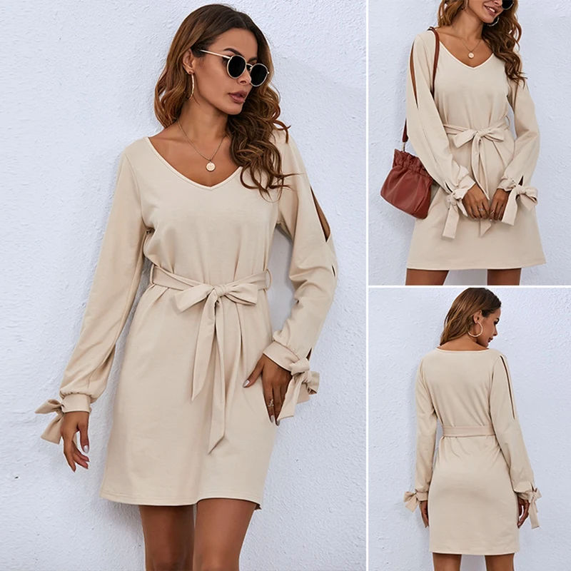 ASDS-Women's Pure Color Elegant Office Hedging Long Sleeve Dress Apricot