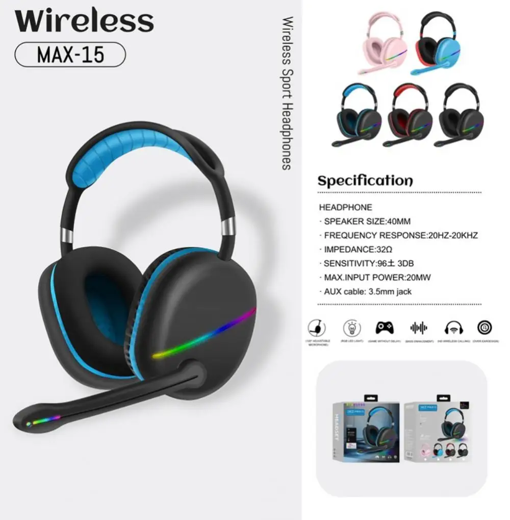 

MAX15 E-sports Gaming Headset Gamer Stereo Surround Wireless Bluetooth-compatible With LED Colorful Lights With Microphone