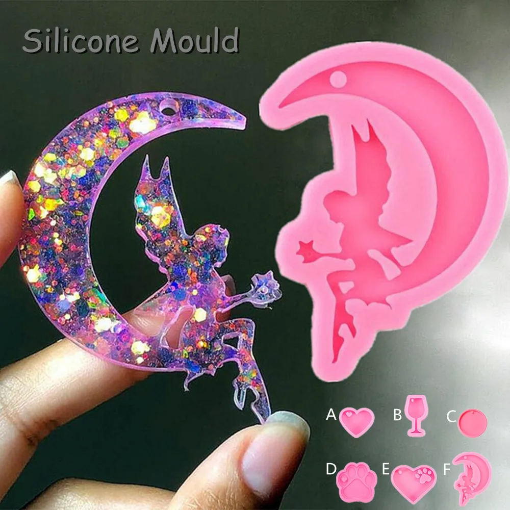 

Shiny Glossy Moon Tink Keychain Mould Fairy Ange Paw Heart Silicone Epoxy Resin Mold DIY Necklace Jewelry Polymer Clay Moulds
