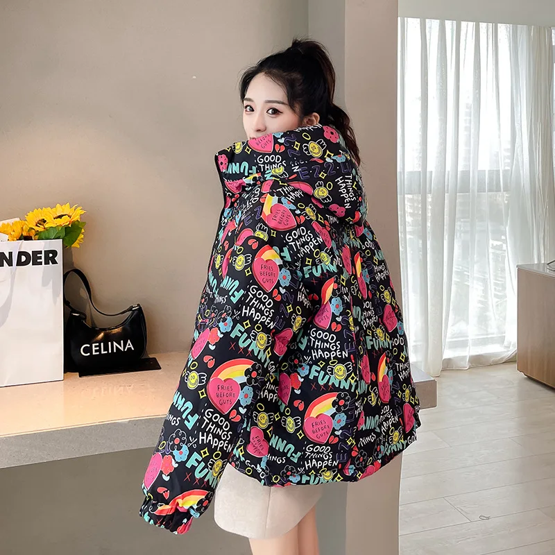 Parkas Women down Cotton-Padded Coat for Women Floral Short Bread Coat Loose Hooded Coat Winter Coat Women
