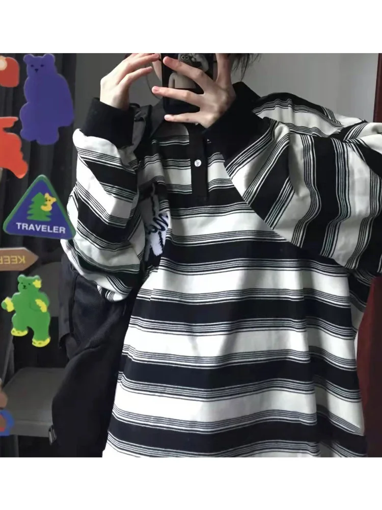 HOUZHOU Korean Black White Striped Sweatshirt Women Grunge Streetwear Ripped Basic Long Sleeve Tshirts Oversized Harajuku Hoodie