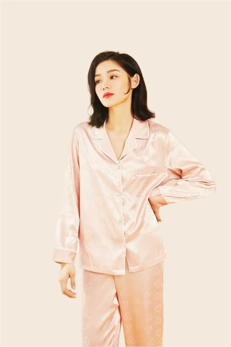 Women's Cute Pajamas Set Rayon Full Sleeve Top Long Pants Summer Shorts Suit Pink Pyjama Cozy Homewear Sweet Love Print PJS