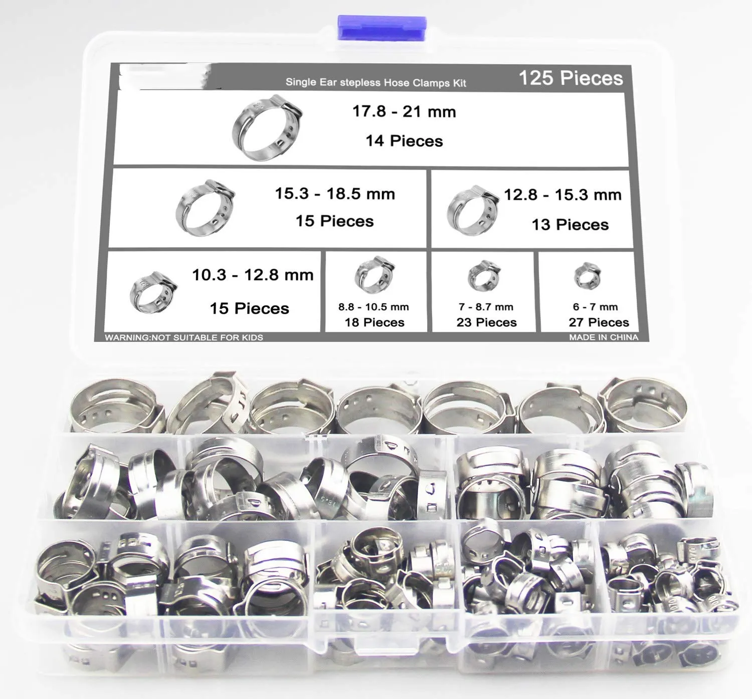 

125Pcs 304 Stainless Steel Single Ear Stepless Hose Clamps Clamp Assortment Kit Crimp Pinch Rings for Securing Pipe Hoses