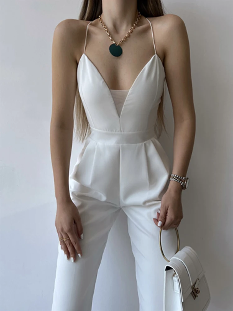 

Women Sexy Mesh V Neck Sling Jumpsuit Office Elegant Sleeveless Backless Pencil Pants Romper Summer Casual Pocket Solid Playsuit