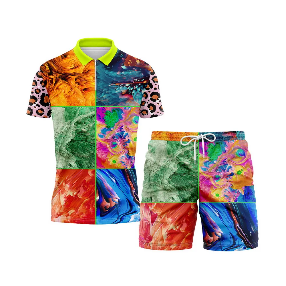 Polo T Shirt Full Sets For Men Oversized Loose Zipper Summer Funny Clothing Print Tracksuit  European Style Pllus Size Fashion