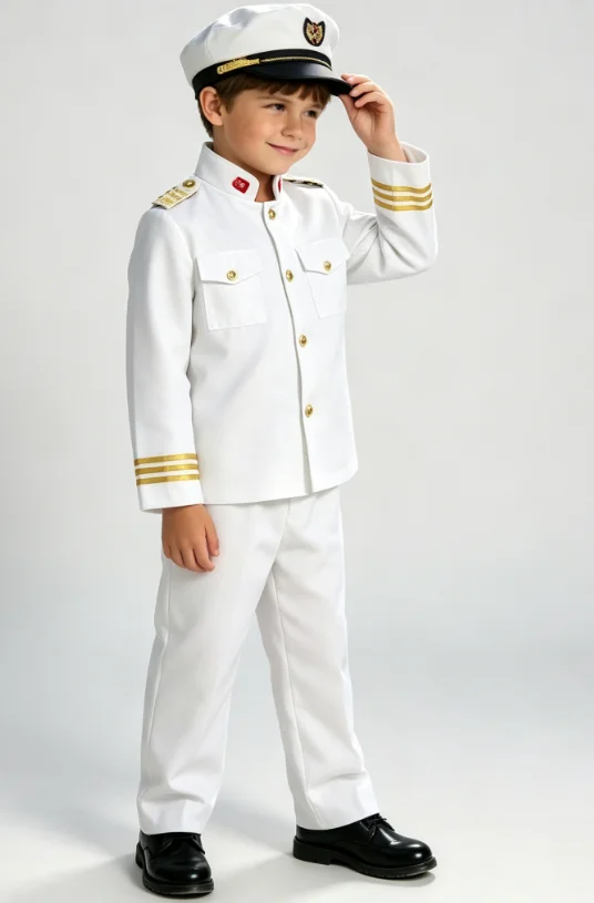 Фото Костюм капитана-моряка для мальчиков, детская белая военно-морская форма с капитанской фуражкой, наряд для ролевых игр в морской тематике №1