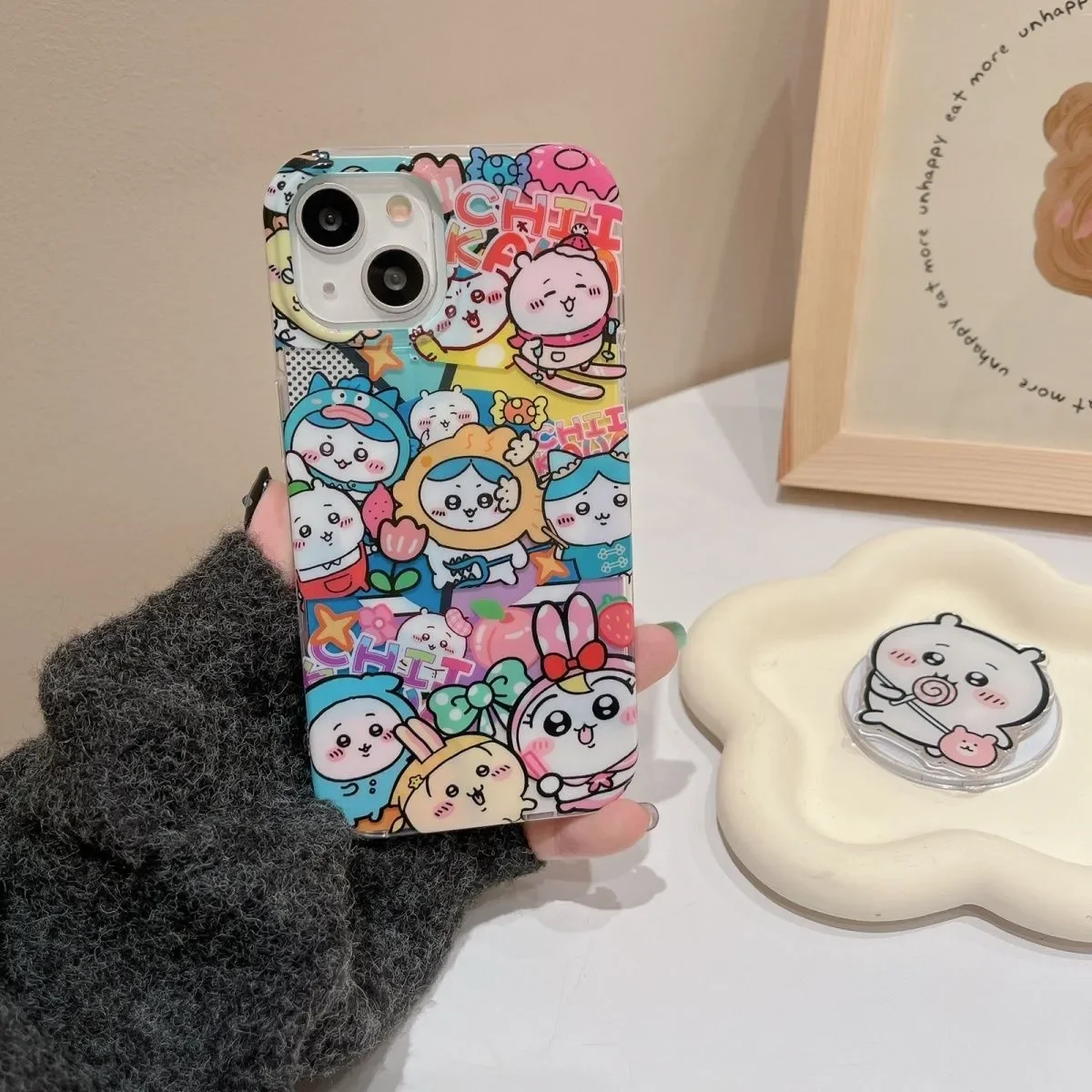 Полноэкранный чехол Chiikawa с цветным кавайным милым ремешком для iPhone 16 15 14 12 13 11 Pro Max