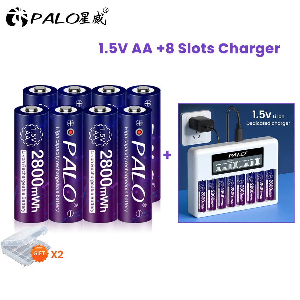 

4-24pcs 1.5v AA Li-ion Rechargeable Battery 2800mWh 1.5 Volt Lithium AA 2A Batteries with 8 Slots 1.5v AA AAA Battery Charger