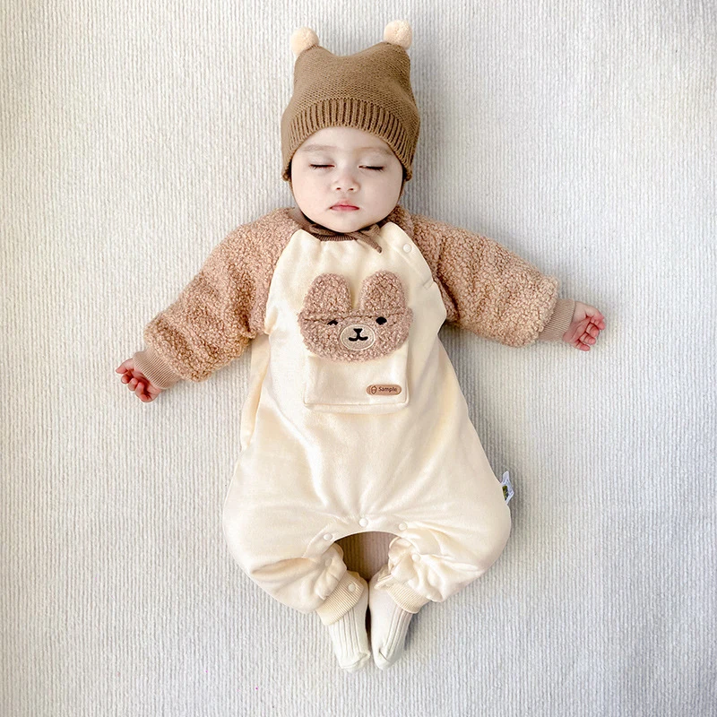 

HAYANA New Winter Baby Rompers Toddler Plush Bear Pocket Patchwork Jumpsuit Infant One Piece
