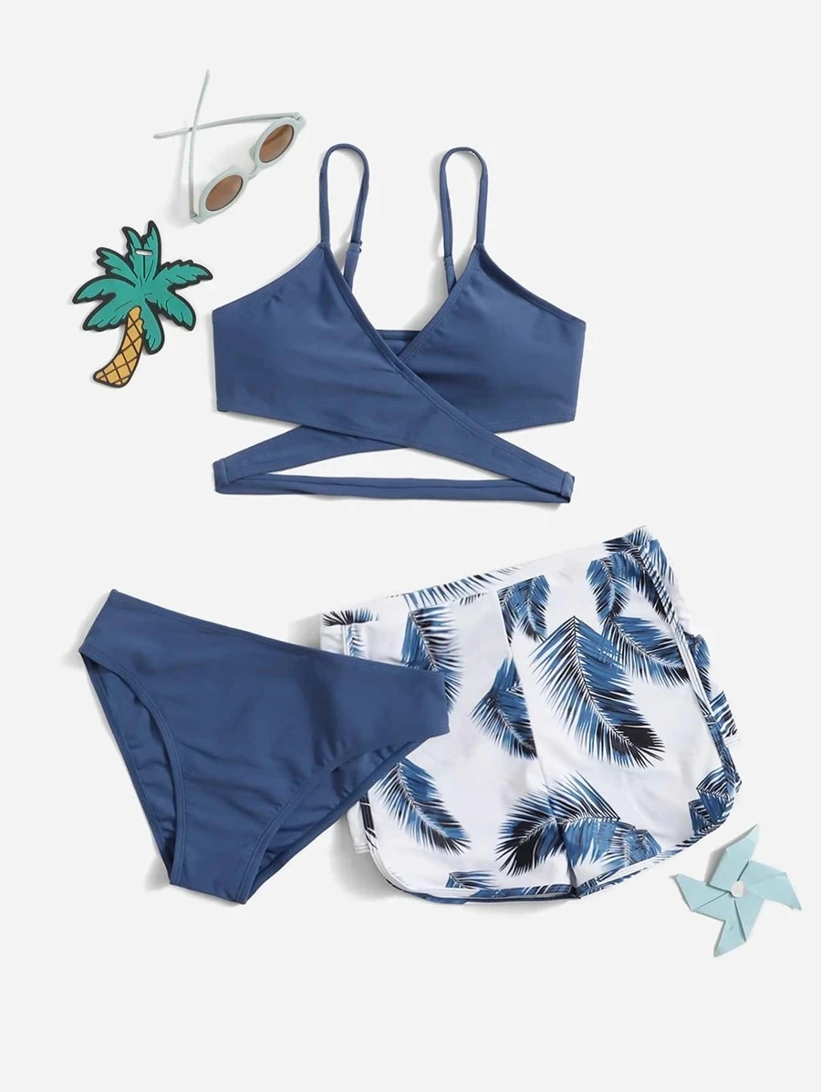 

Three Pieces Leaf Print Cross Halter Shorts 2023 Bikini Swimsuit Women Swimwear Bikini Set Summer Beach Bathing Suit