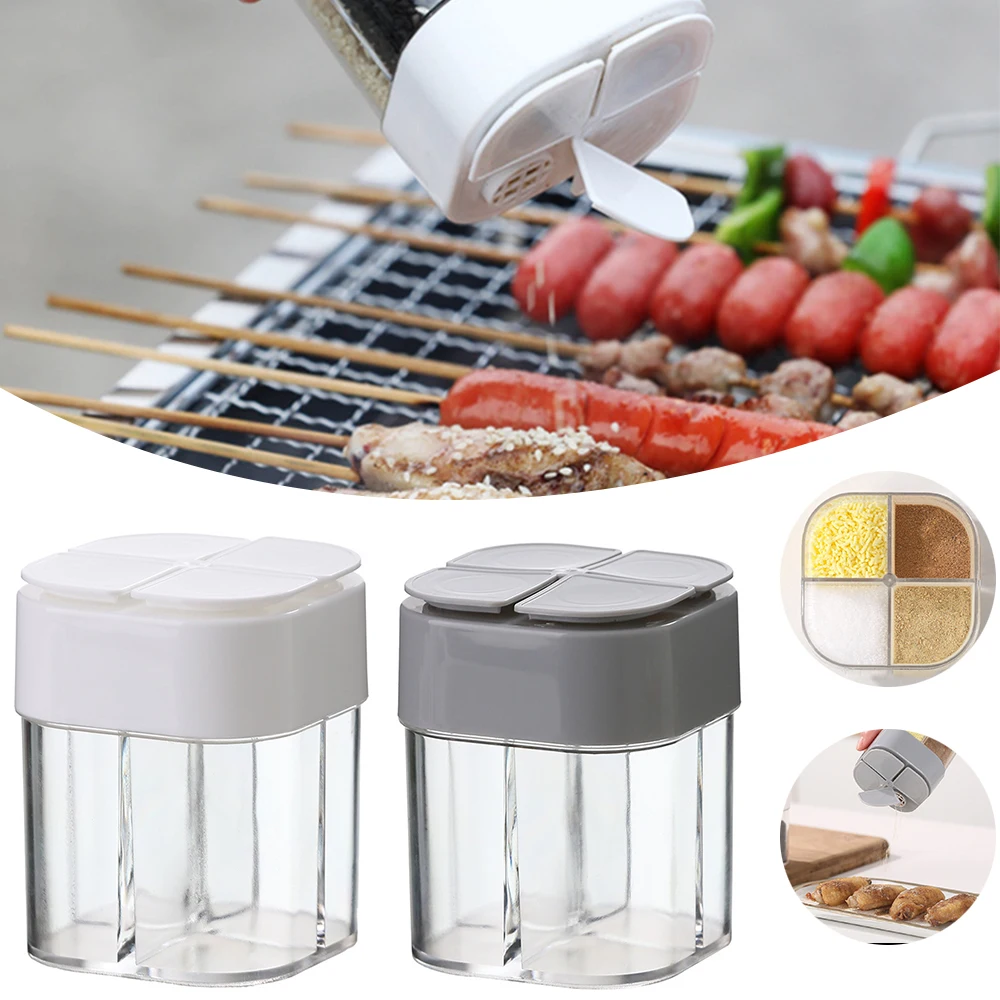 

4 In 1 Salt And Pepper Shaker Transparent Spice Dispenser 4 Compartment Camping Seasoning Jar With Lids For Kitchen Cooking BBQ