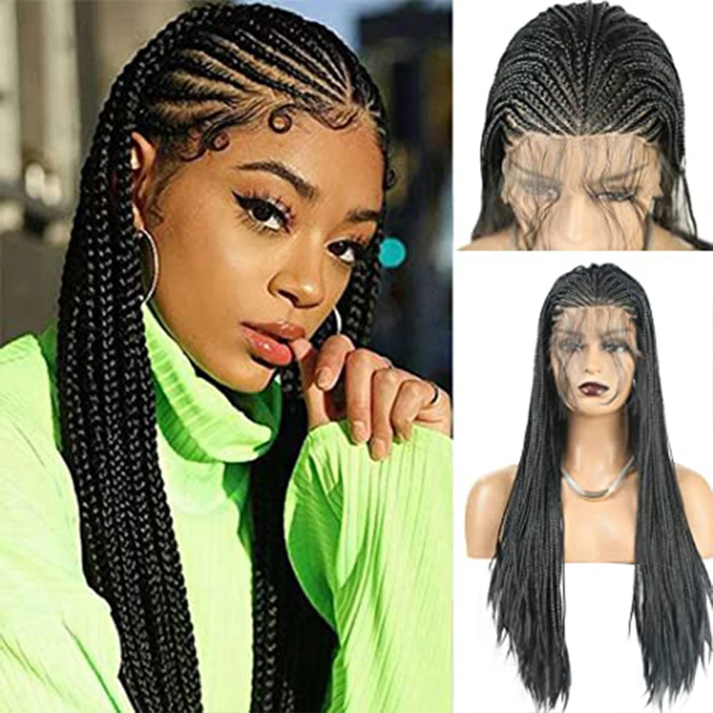 30inch Full Lace Front Knotless Braided Wigs Ombre Color Criss Cross Box Braid Hair Synthetic Wig With Baby Hair For Black Women