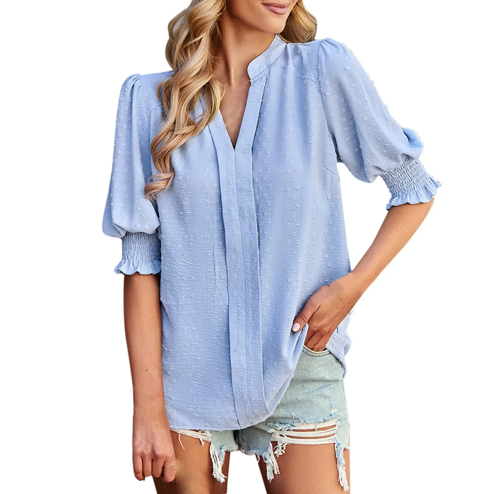

Women's Summer Casual Solid Color Jacquard V Neck Loose Ruffled Elastic Puff Sleeve Mid Sleeve Stand Up Collar Thick V Neck