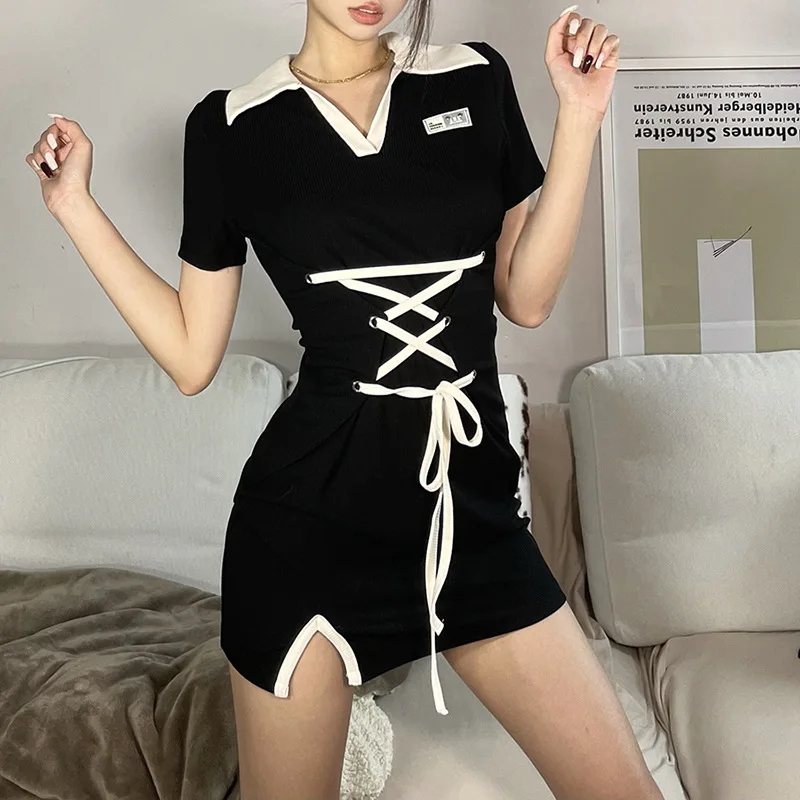 

Summer Fashion Lady Office Bandage Dress 2022 Short Sleeves Turndown Collar High Waist Women Lace Up Mini Dress Bodycon Vestidos