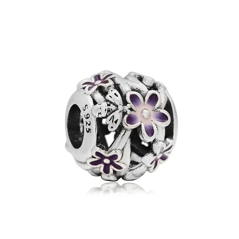 

925 Sterling Silver Bead Garden Openwork Purple Daisy Charm Comfortable to Wear Fit Original Pandora Bracelet Women Jewelry Gift