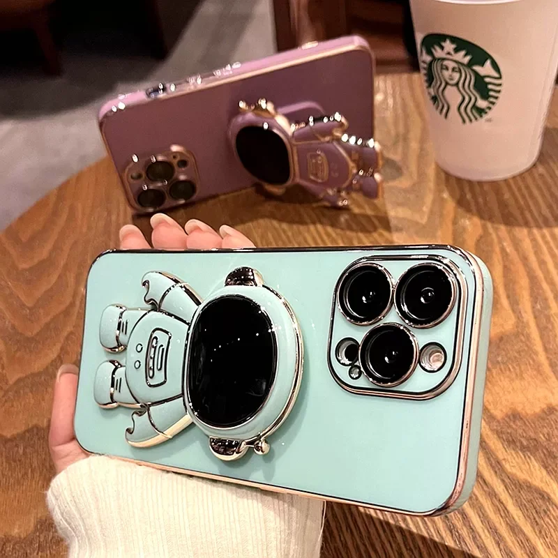 

Free Shipping For iphone 11 12 13 Pro Max XS X XR 7 8 Plus SE 2020 22 Mini Shockproof Silicone Kickstand Cover Astronaut Phone