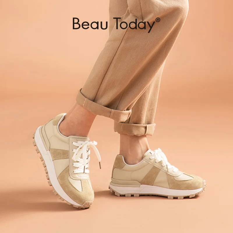 BeauToday Casual Sneakers Women Suede Leather Patchwork Mixed Colors Lace-Up Round Toe Platform Shoes Lady Flats Handmade 29130 1