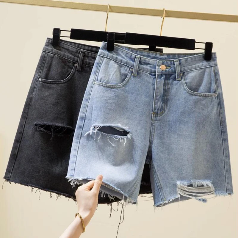 

Korean Female Elegant Denim Shorts Women Retro Vintage Tassel Hole Ripped Jeans Blue High Waist Straight Pants Trendy Streetwear