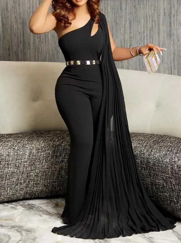 

Women Backless Bodysuit Slight Stretch Cutout Asymmetrical Hem One Shoulder Sleeveless Evening Party Jumpsuit Without Belt