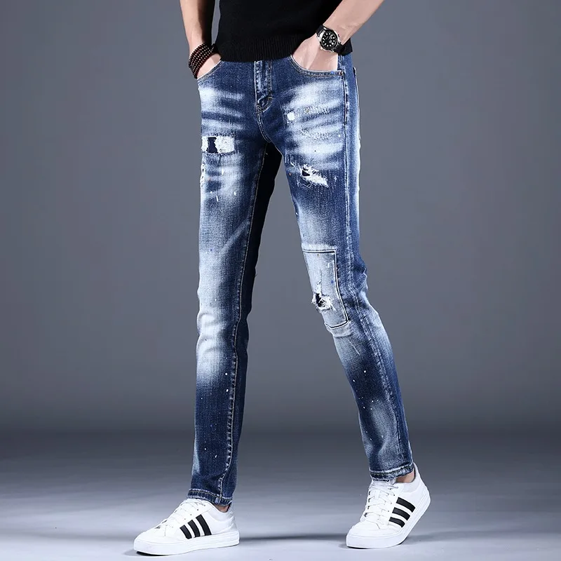 Summer Ripped Jeans Men Casual Lightweight Blue Pants Patch Jean Streetwear Fashion Slim Fit Denim Trousers