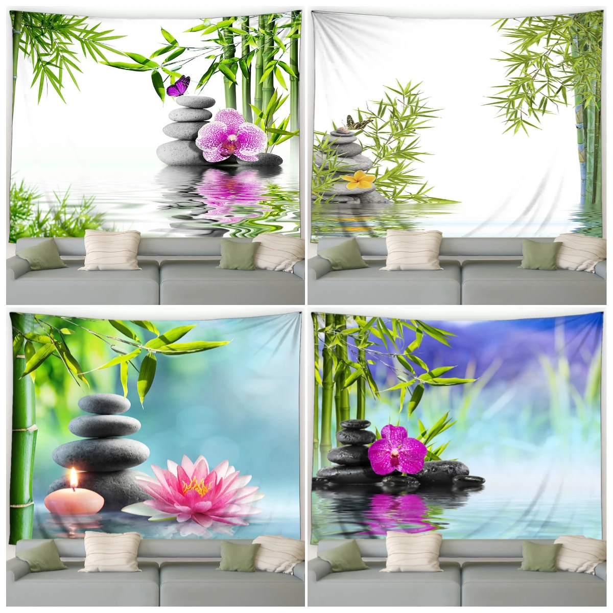 Zen Landscape Tapestry Purple Orchid Lotus Flowers Butterfly Green Bamboo Tapestries Modern Home Living Room Decor Wall Hanging