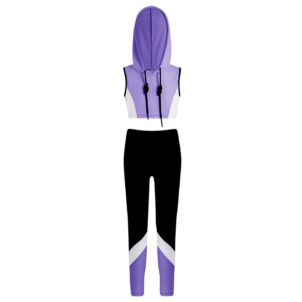 

Kids Girls Sports Outfits Gymnastics Workot Sets Hooded Drawstring Sleeveless Colorblock Tops with Leggings Pants Set Sport Suit