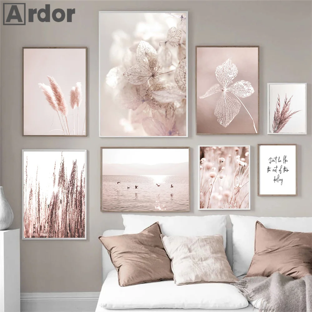 

Pink Pampas Grass Canvas Poster Dried Flower Art Painting Reed Print Pictures Lake Bird Posters Nordic Wall Art Bedroom Decor