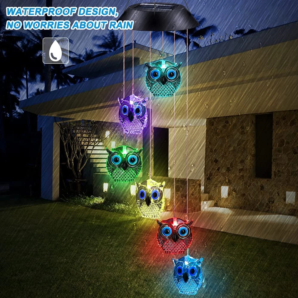 Solar LED Owl Wind Chimes Lights Outdoor Hanging Garden Yard Balcony Decor Waterproof Color Changing Wind-Bell for Home Patio