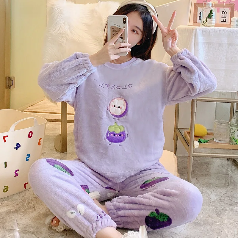 

Women Pajama Sets 2022 Autumn Winter Sleepwear Suit Warm Flannel Nightgown Female Cartoon Pijamas Coral Velvet Homewear