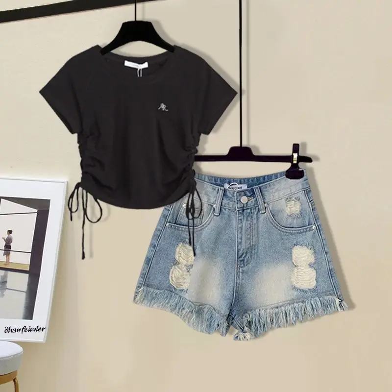 

Women's Clothing Summer Outfits 2023 New Vintage Style Slim Lace Up Short Sleeve High Waist Denim Shorts Two Piece Set Trend