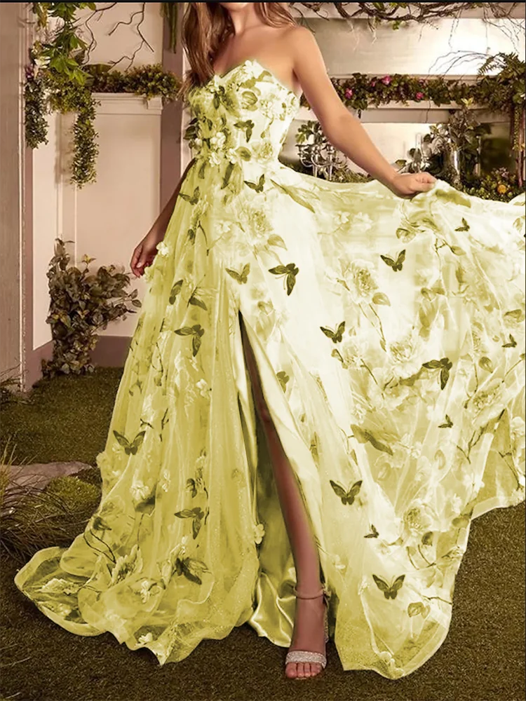 

Женское вечернее платье без бретелек, желтое кружевное платье трапециевидной формы с цветочным кружевом, 27 цветов, для свадьбы, выпускного вечера