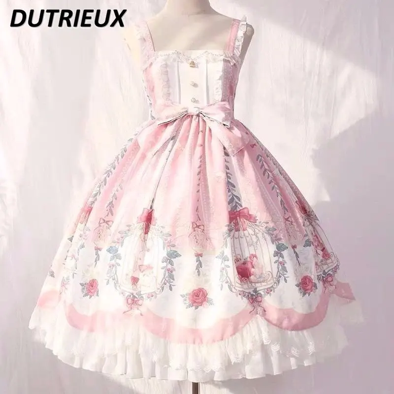 

Lolita Off-Shoulder Strap JSK Dress Women Mid-Length Student 2023 Summer New Sweet Bow Printed Angel Banquet Princess Dress Girl