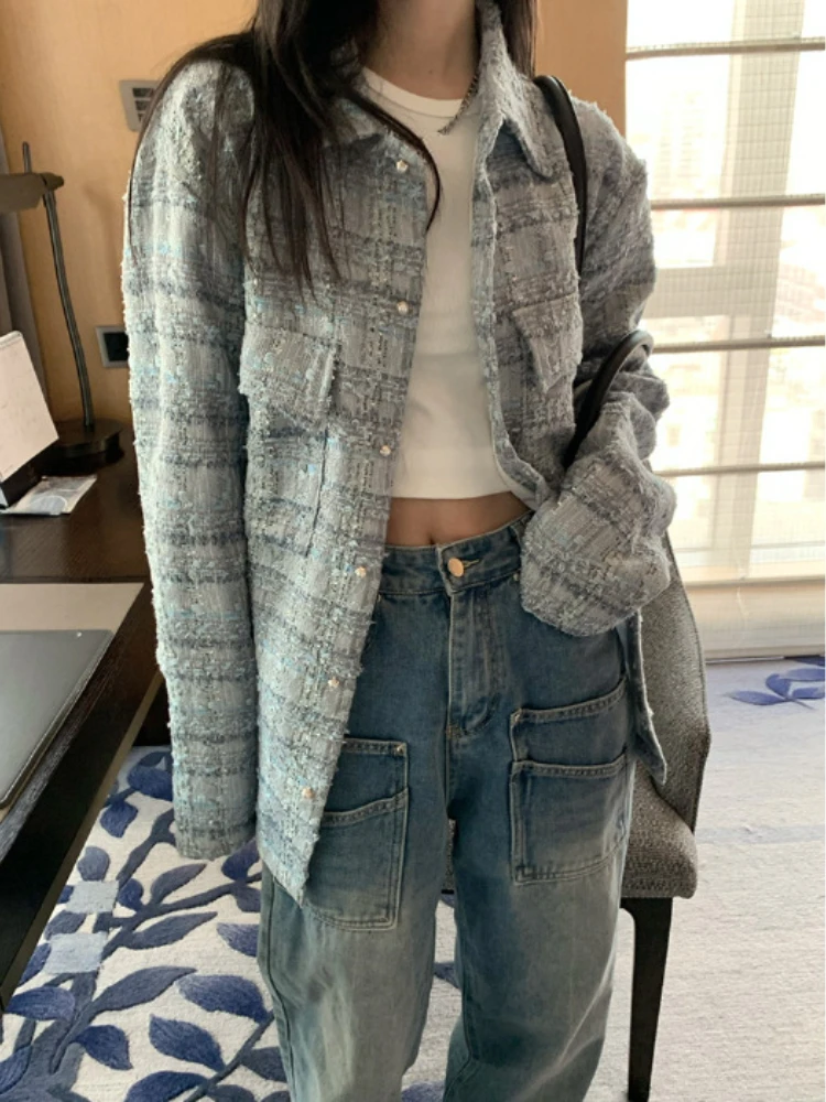 2024 весенняя винтажная твидовая куртка в клетку женская одежда однобортная
