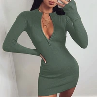 women zip knitted turtleneck skinny club long sleeve rib mini dress autumn sexy green size m