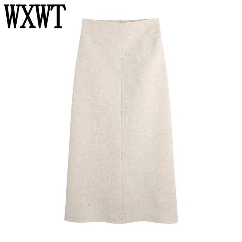 

WXWT Women Solid Burrs Textured Midi Skirts High Waist Zipper Skirts Female Fashion Elegant A Line Skirts Faldas Mujer BB22241