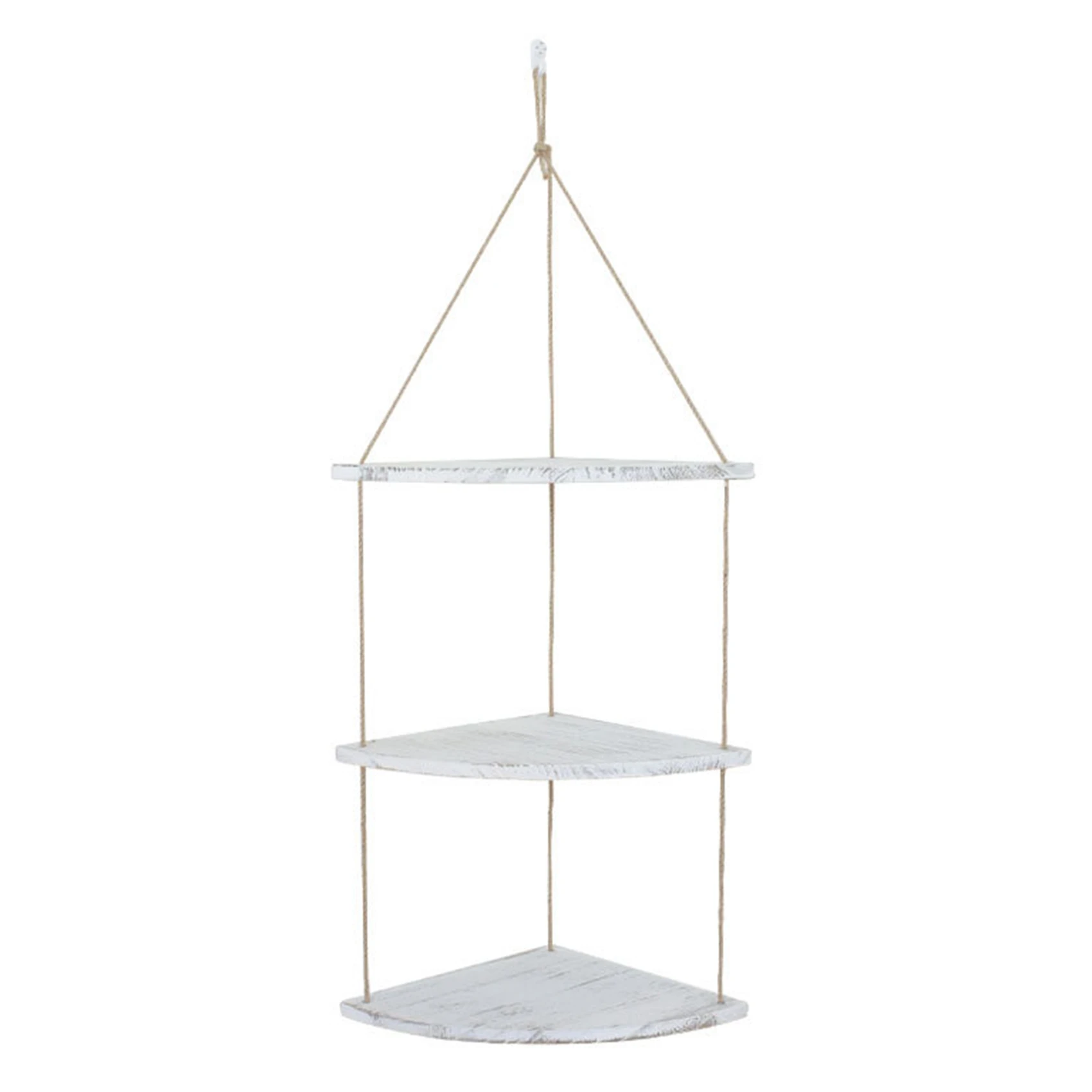 

3 Layers Retro Rope Wood Hanging Rack Corner Wall Shelf House Storage Organizer Ladder Floating Corner Shelf - White