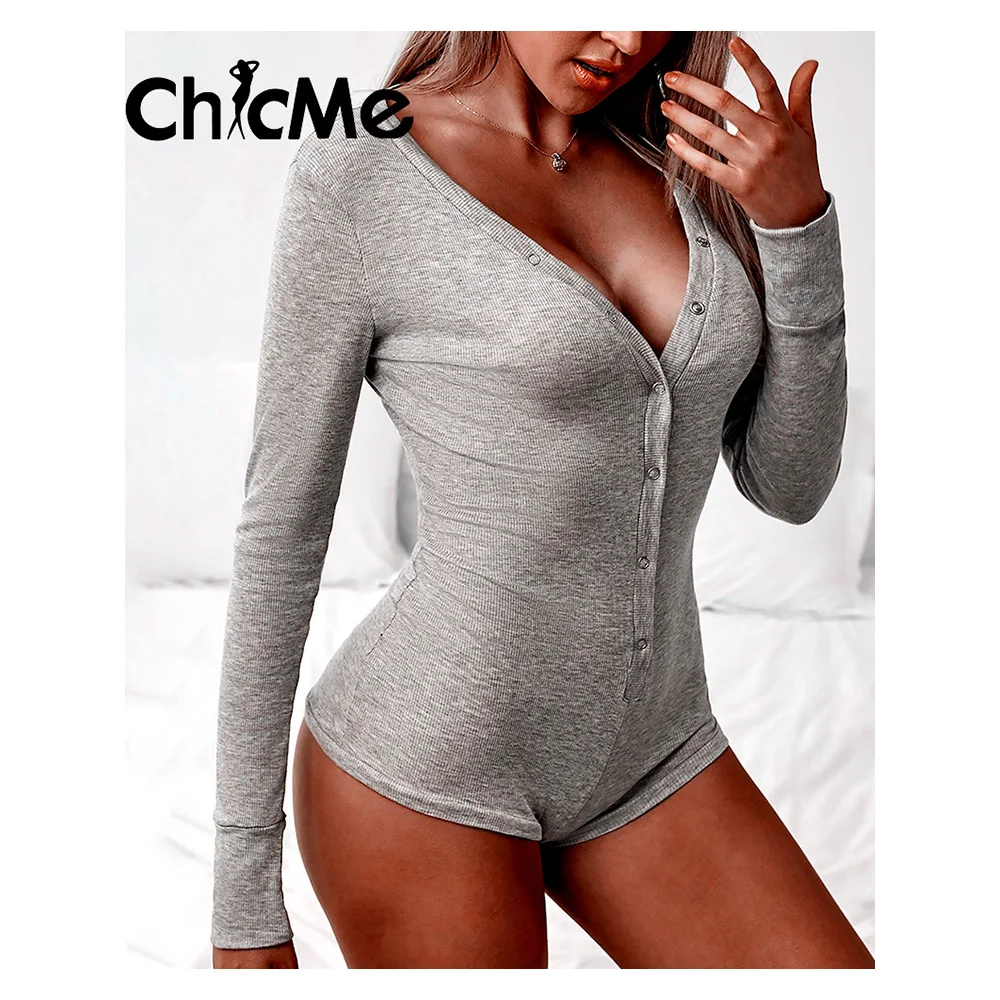 

Chicme Women Plain Long Sleeve Button Design Lounge Romper V Neck Skinny Home Sleepwear