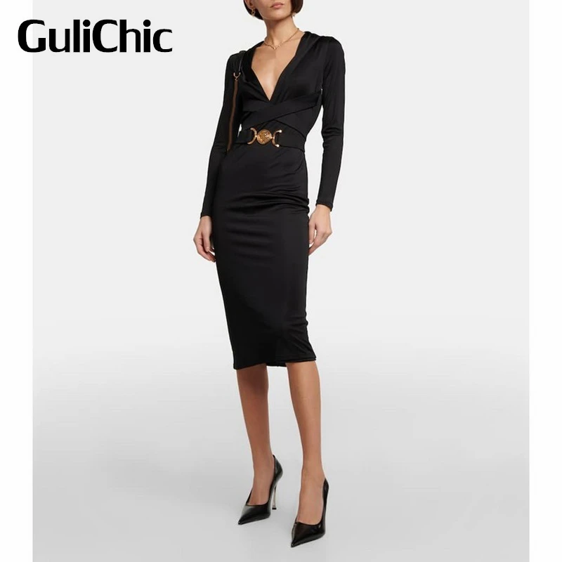 

3.6 GuliChic Women Vintage Black Deep V-Neck Long Sleeve Hooded Cross Belt Slim Midi Dress Party Banquet