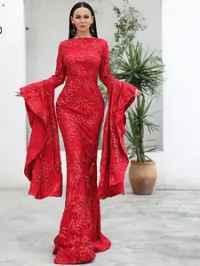 Missord 2022 свадебное длинное платье, сексуальное женское осеннее платье с круглым вырезом и расклешенными рукавами, однотонное блестящее элегантное белое платье русалки