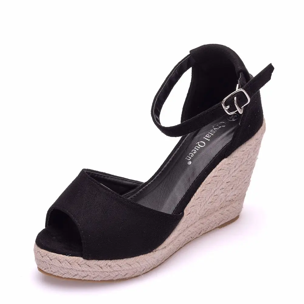 

Crystal Queen Plus Size Bohemian Women Sandals Ankle Strap Straw Platform Wedges Female Shoes Flock High Heels