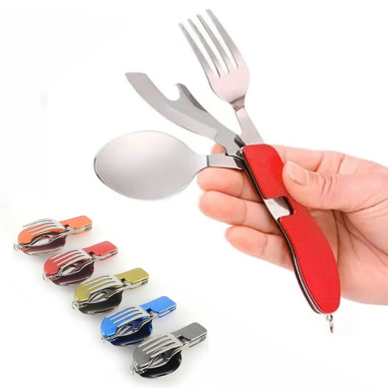 

Tablespoon Set 4 in 1 Outdoor Camping Utensils Cutlery Foldable Spoon Knife Fork Bottle Opener Stainless Steel Tableware Parts