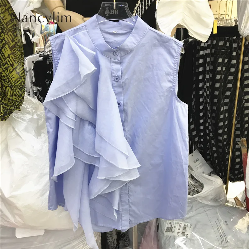 

Sleeveless Blouse Women Ruffled Shirt for Women 2022 Spring Summer New Loose Trendy Ladies Top Blue Blusa Femme