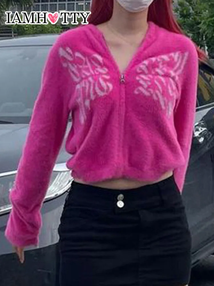 

IAMHOTTY Graphic Print Pink Zipper Hooded Sweater Cardigan Y2K Aesthetic Knitted Cropped Jacket Harajuku Kawaii Sweatshirt Women