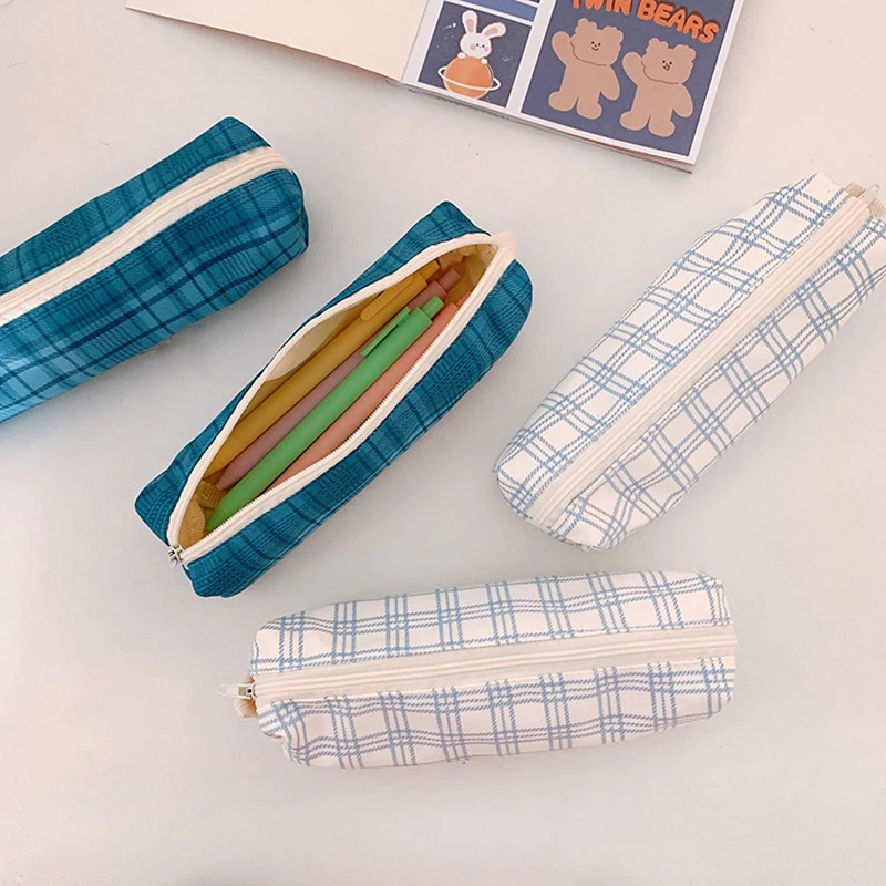 

Клетчатая косметичка в стиле колледжа, чехол для карандашей, портативная женская косметичка на молнии, держатель для ручек
