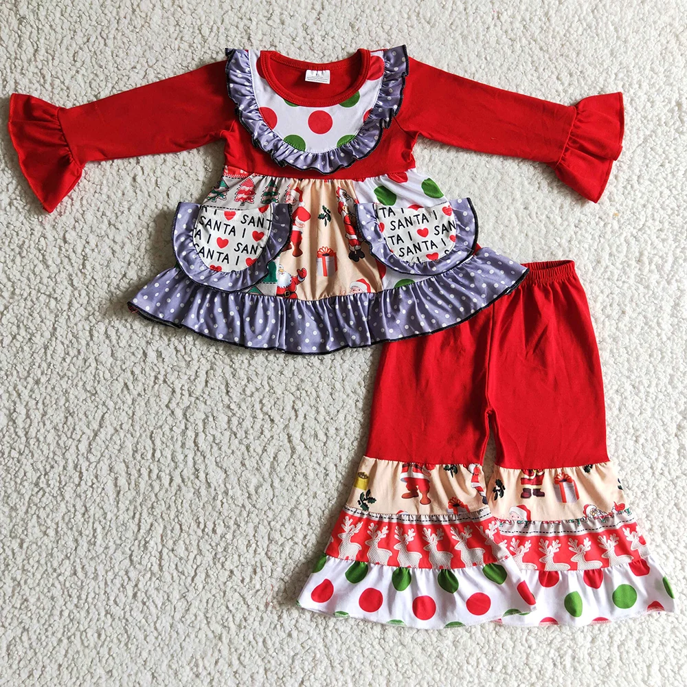 

New Fashion Baby Girl Clothes Long Sleeve Pants Set Wholesale Christmas Boutique Girls Clothing with Pockets Fall Winter Outfits