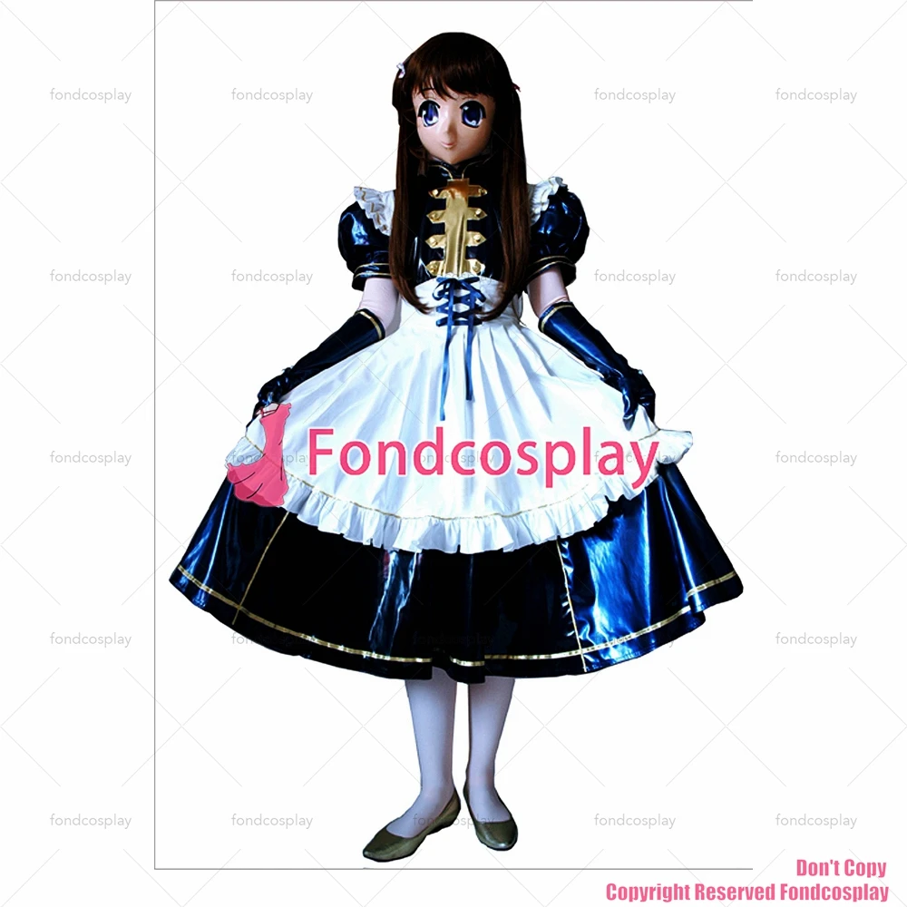 

fondcosplay adult sexy cross dressing sissy maid long lockable black thin PVC Dress vinyl Uniform white apron CD/TV[G1631]