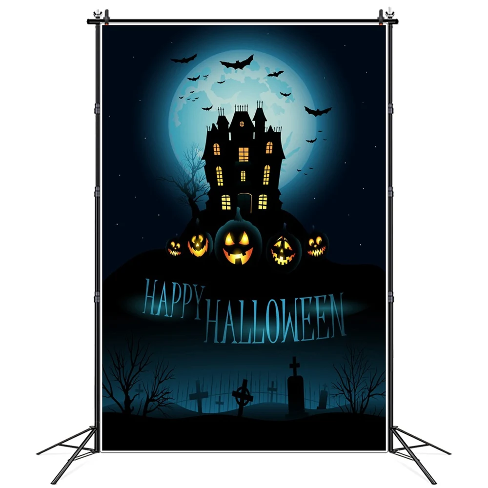 

Moon Night Bat Castle Pumpkin Lantern Cemetery Halloween Photography Backgrounds Custom Baby Party Decoration Photo Backdrops