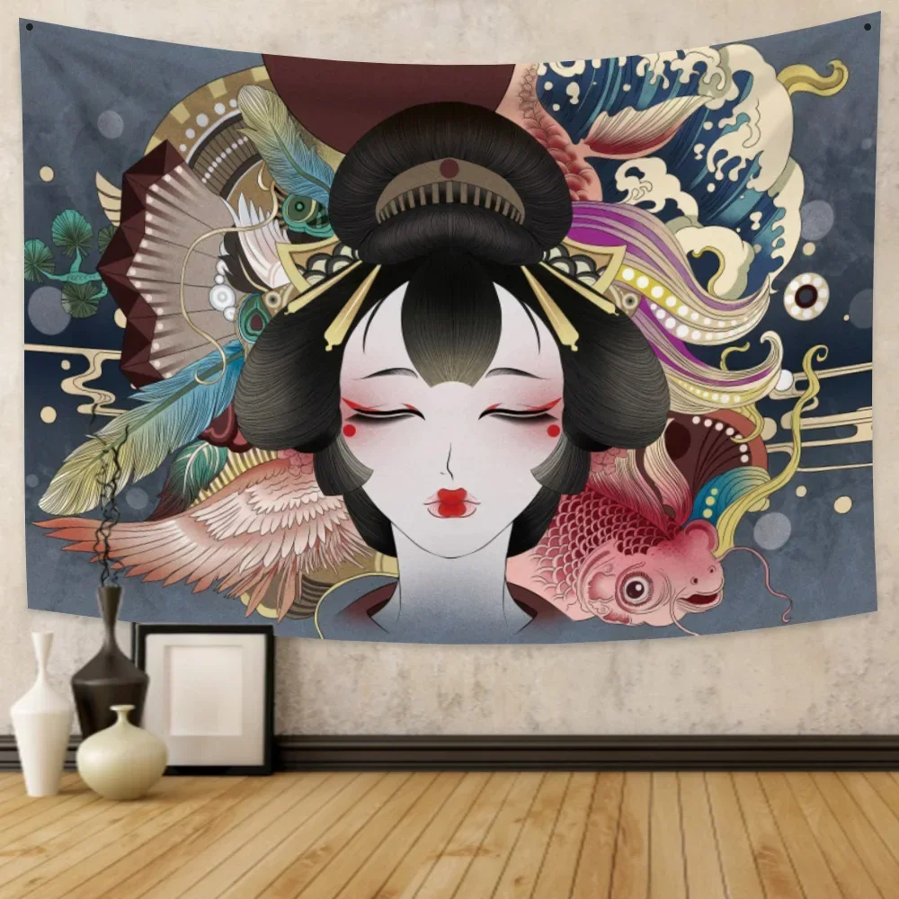 Japan Kanagawa Sea Wave Curtain Tapestry Print Geisha Boho Cloth Beautiful Woman Bedroom Home Decor Mandala Wall Hanging
