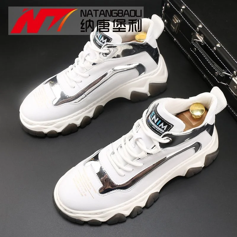 

High quality Spring New Men's High top Board Shoes Thick soled Leather Casual Boots Fashion White Zhongbang Sports Short
